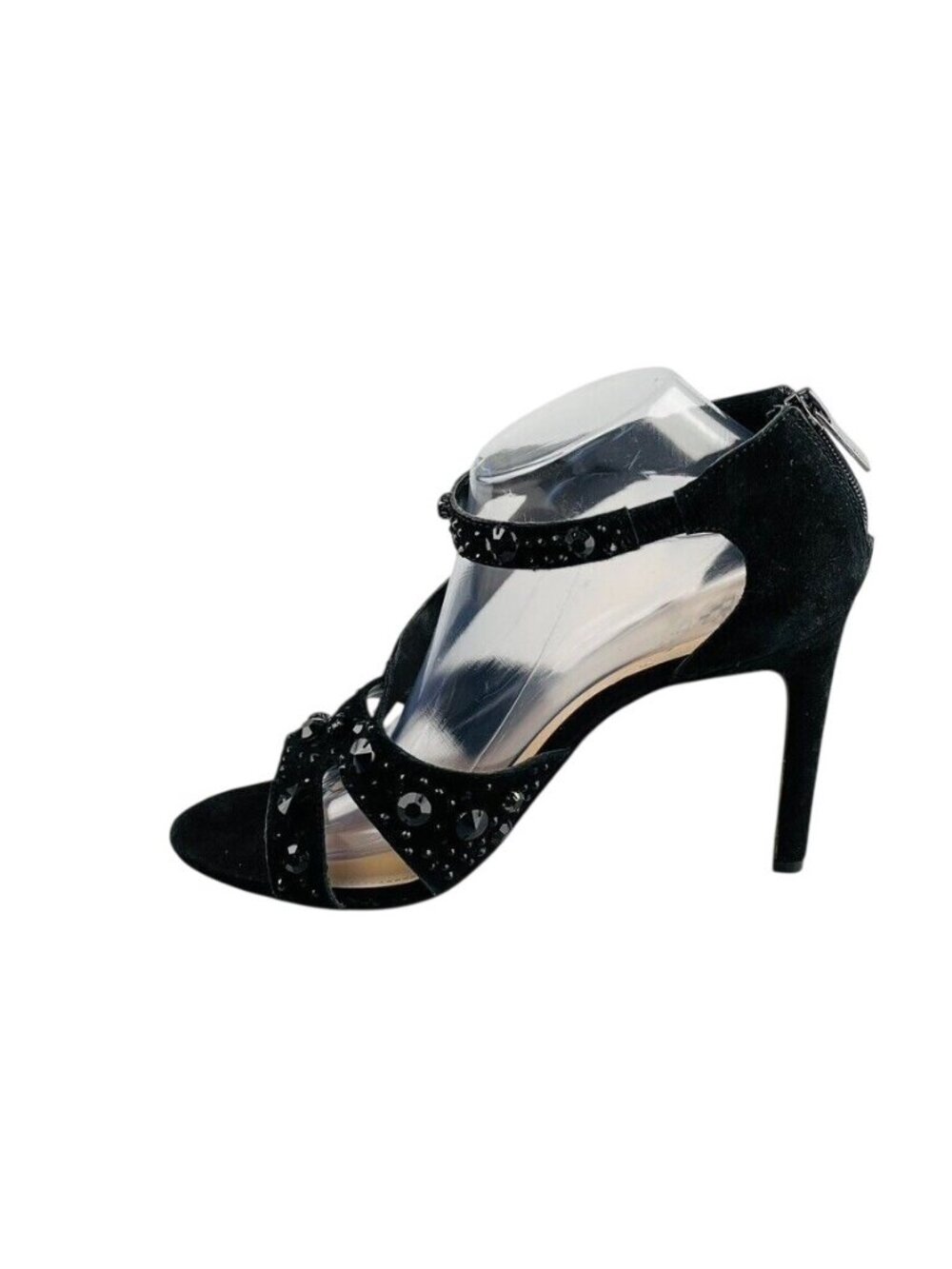 Vince Camuto Black Strappy Rhinestone Suede Heels With Back Zipper Closure - - Picture 11 of 14